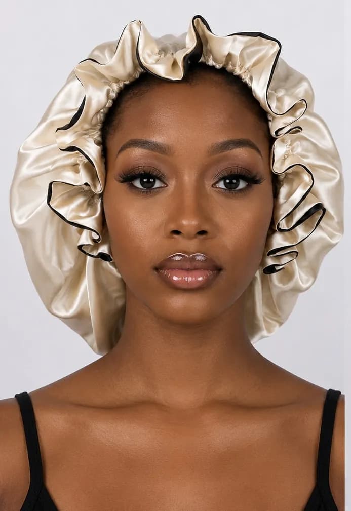 Portrait wearing the cream satin bonnet