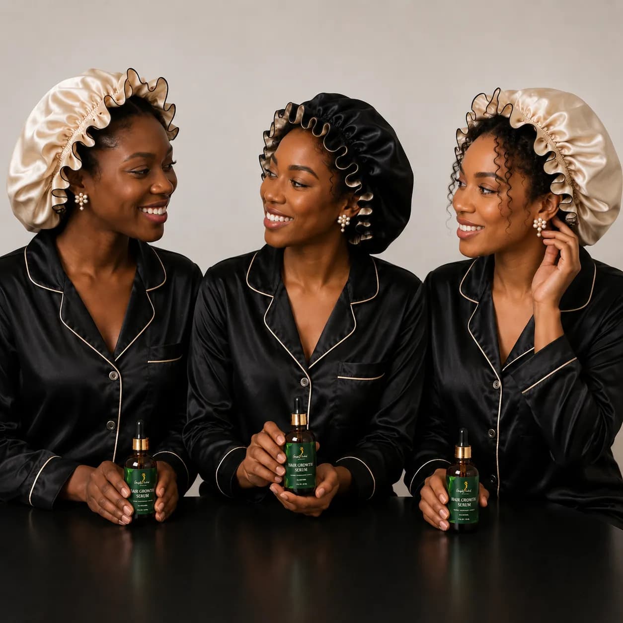 Three friends in satin pajamas holding Gracefully Touched hair growth serum