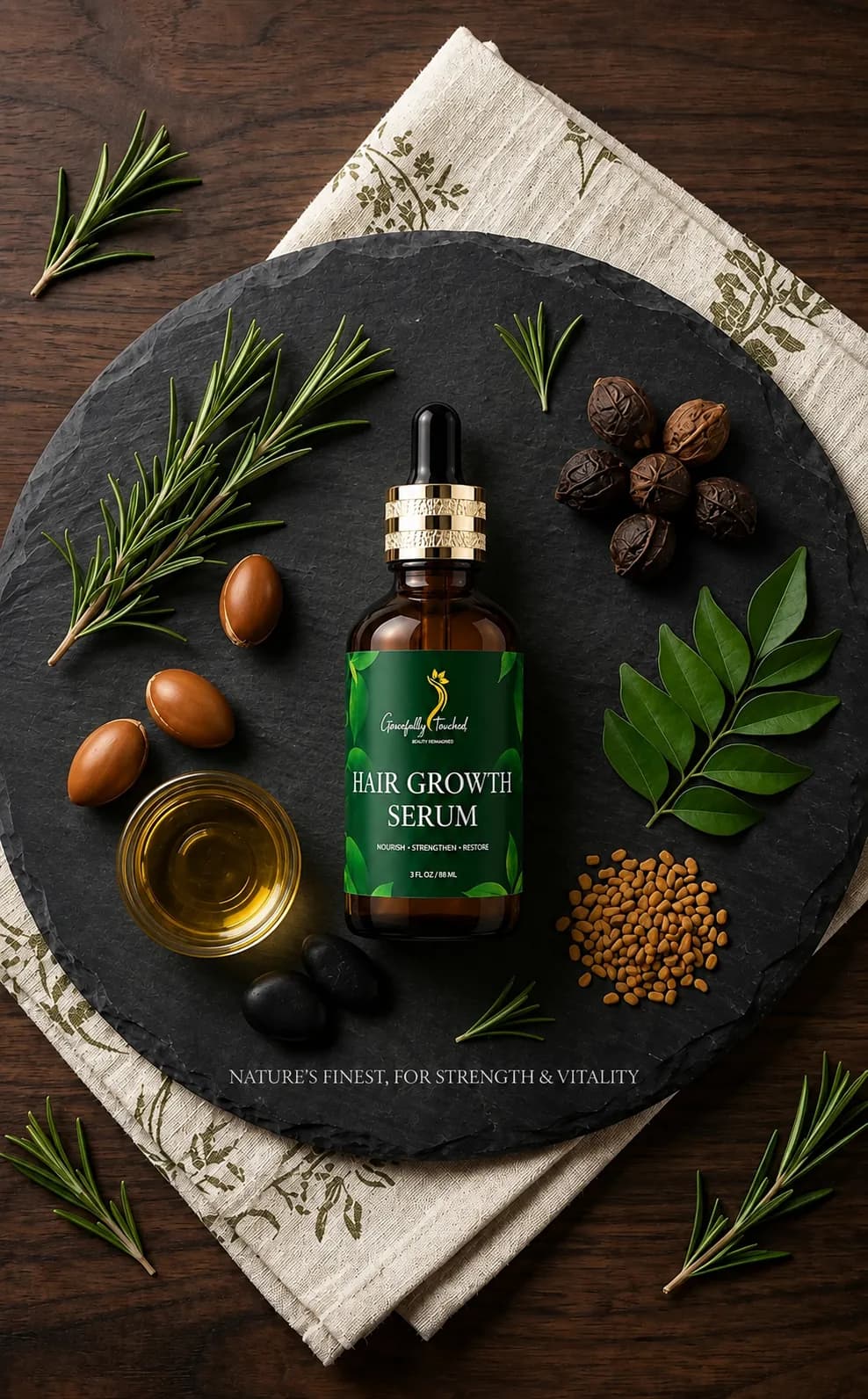 Flat lay of natural haircare ingredients with the serum bottle