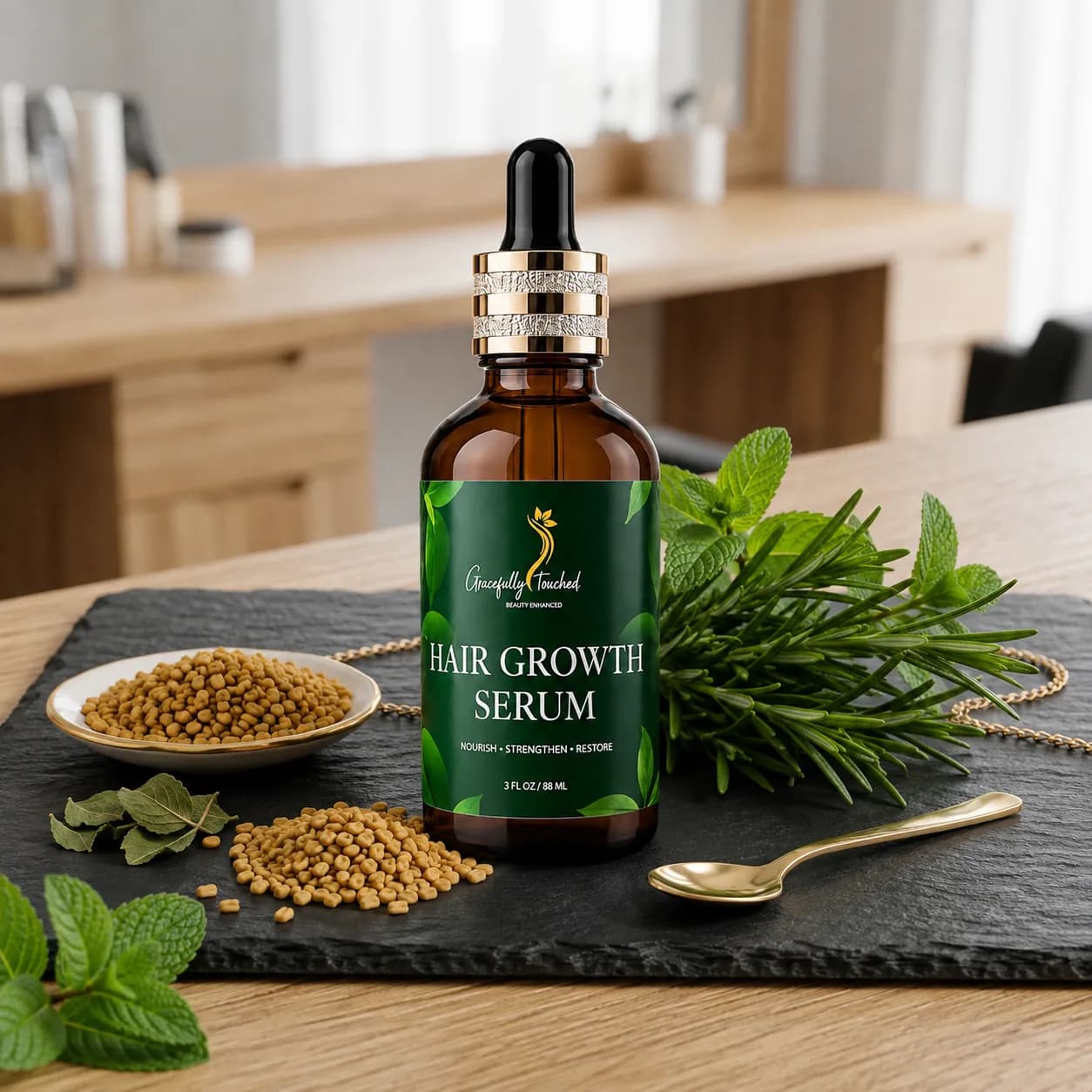 Gracefully Touched Hair Growth Serum, styled with rosemary and natural ingredients